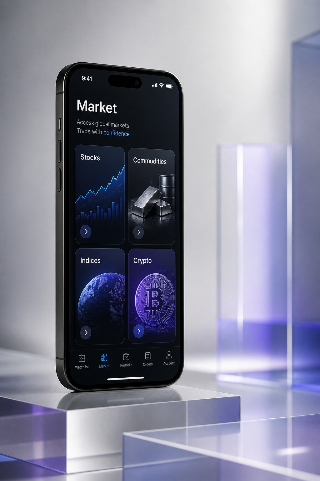 Trading app showing Stocks, Commodities, Indices and Crypto categories